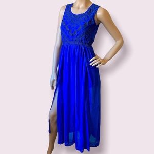 Small blue boho side split dress .